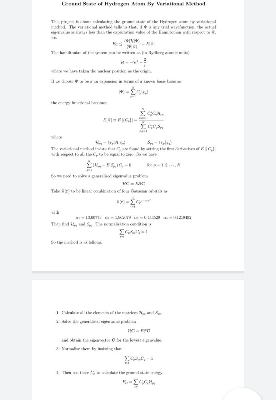 Ground State Of Hydrogen Atom By Variational Method | Chegg.com