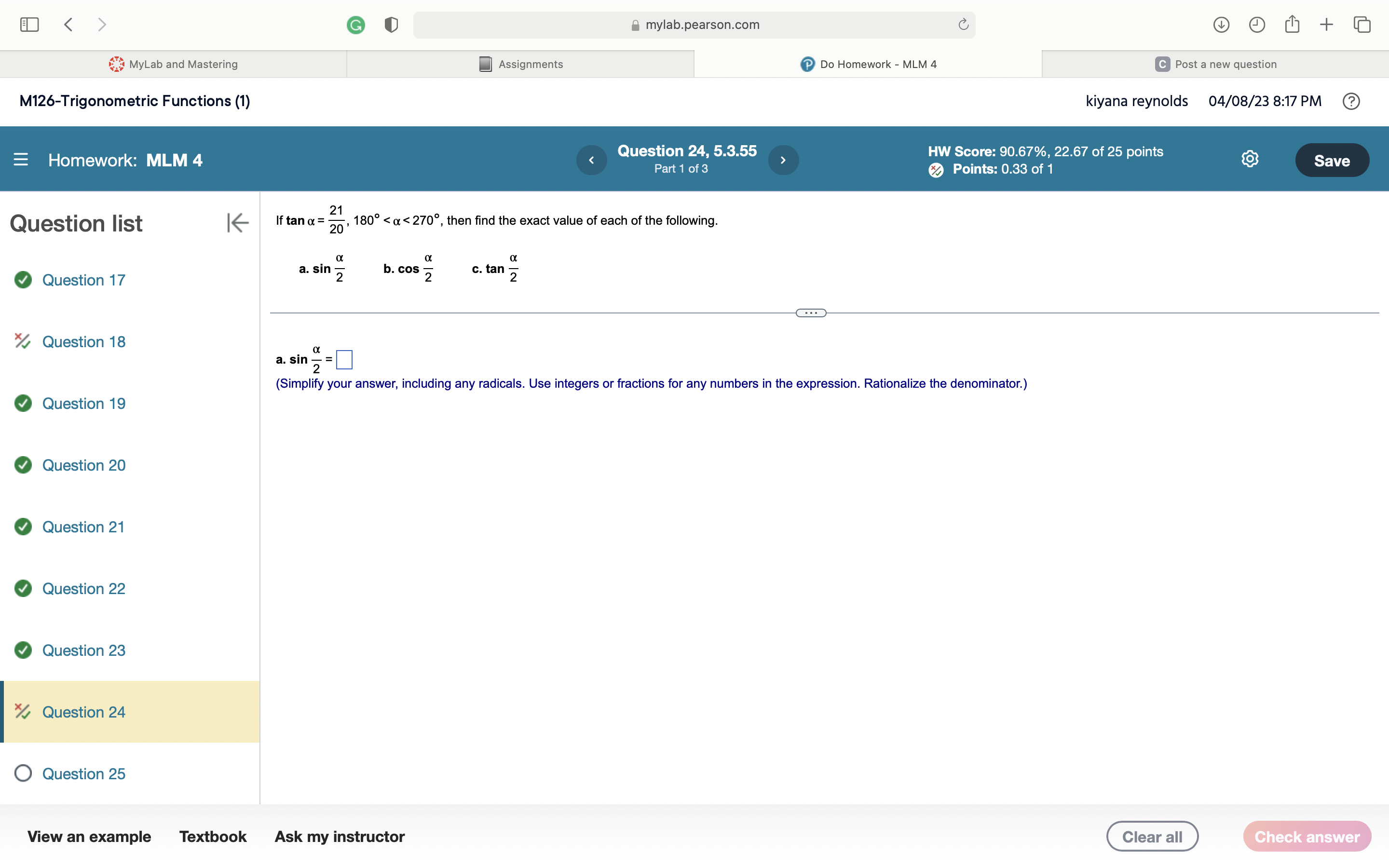Solved Question content area top Part 1 If tanα= 21 20​, | Chegg.com