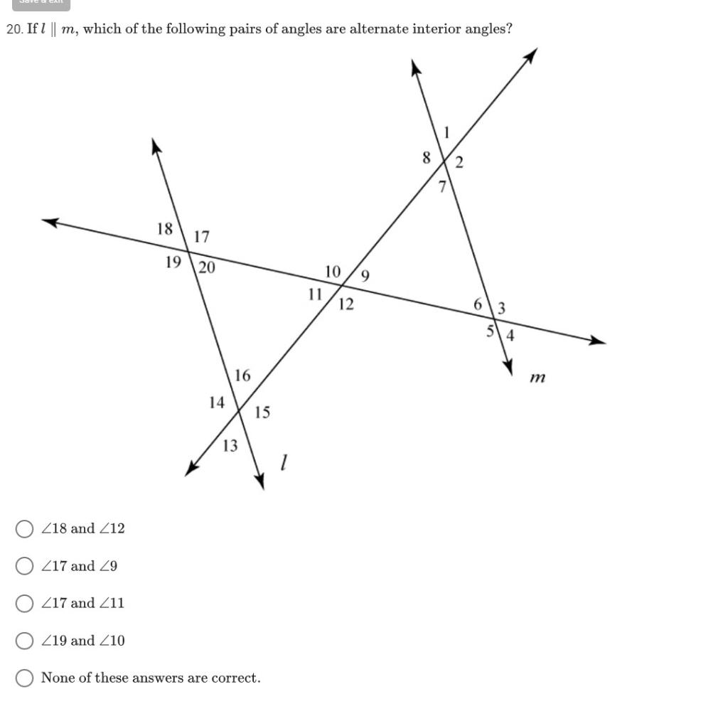 Solved 20. If l∥m, which of the following pairs of angles | Chegg.com