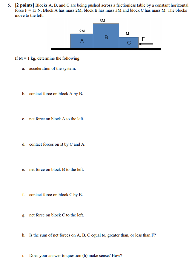 Solved 5. [2 points Blocks A, B, and C are being pushed | Chegg.com