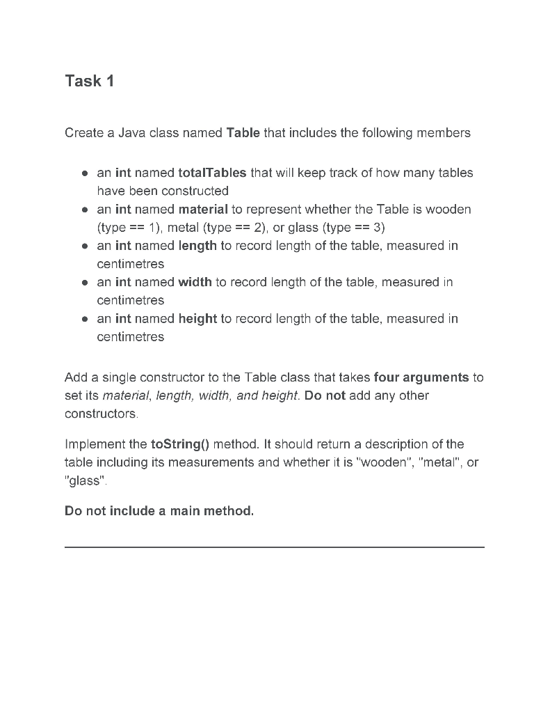 Solved Task 1 Create a Java class named Table that includes | Chegg.com