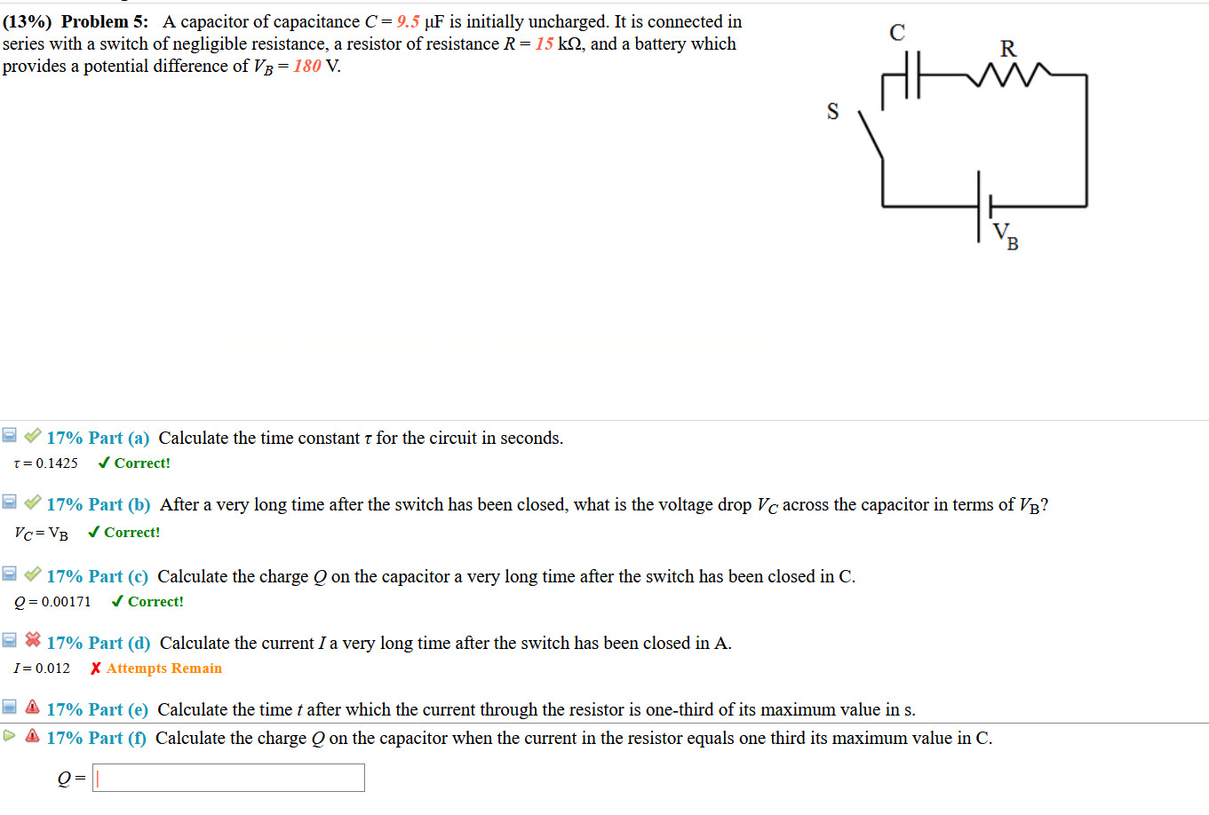 Solved (13%) Problem 5: A capacitor of capacitance C= 9.5 uF | Chegg.com