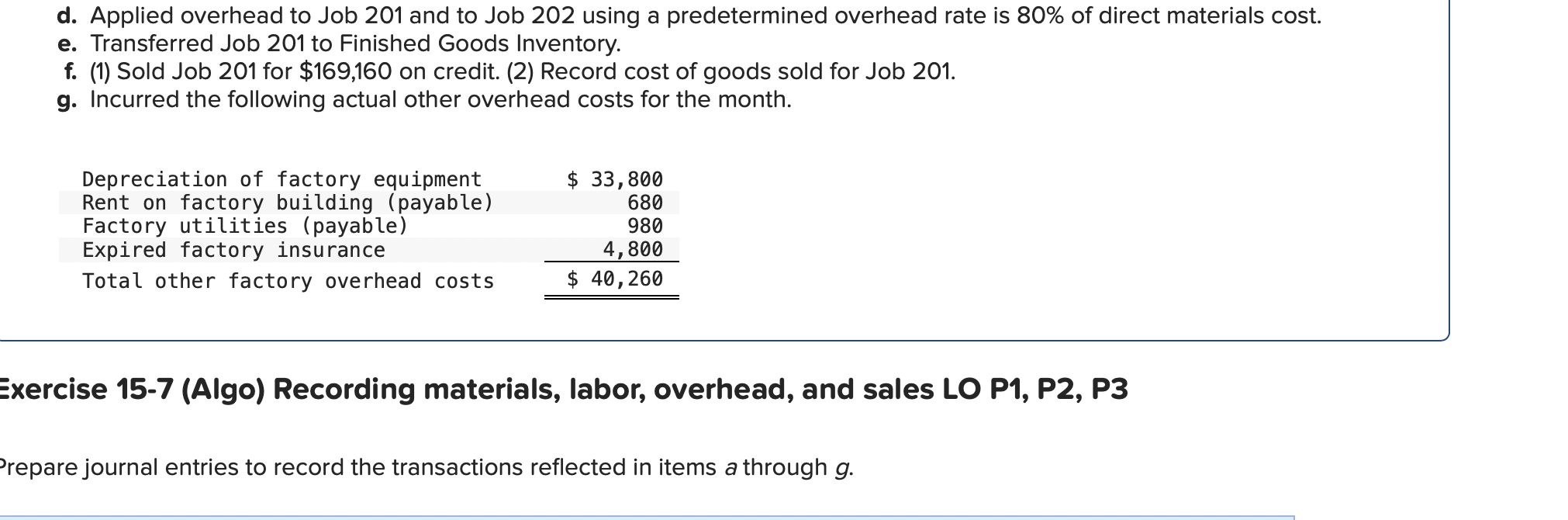 d. Applied overhead to Job 201 and to Job 202 using a predetermined overhead rate is \( 80 \% \) of direct materials cost.
e.