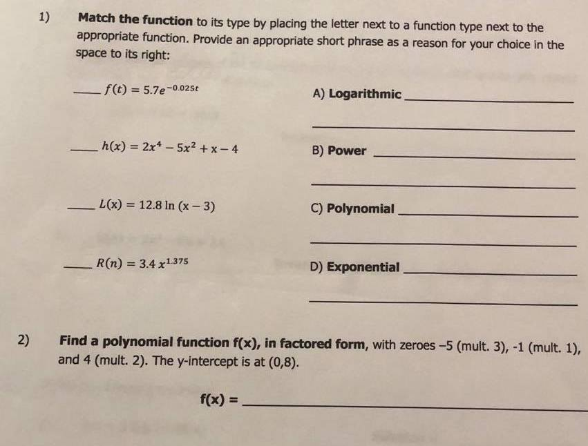 Solved 1) Match the function to its type by placing the | Chegg.com