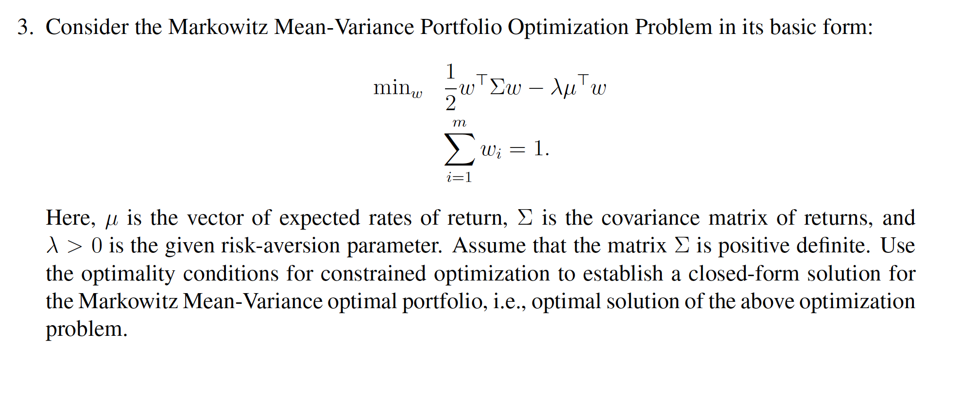 3. Consider the Markowitz Mean-Variance Portfolio | Chegg.com
