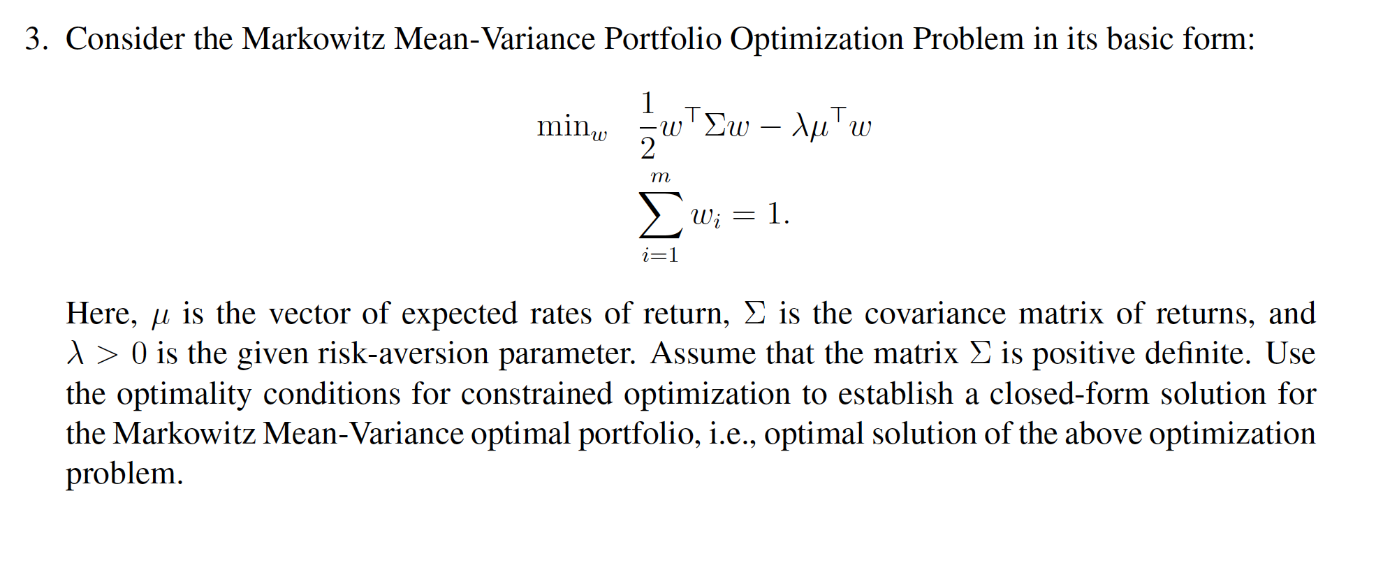 3. Consider the Markowitz Mean Variance Portfolio Chegg