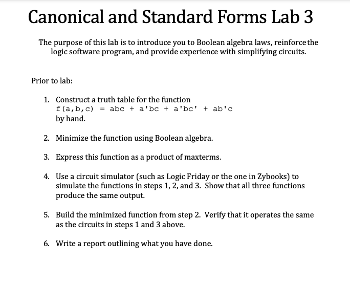 Solved Canonical And Standard Forms Lab 3The Purpose Of This | Chegg.com