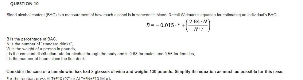 Solved QUESTION 10 Blood alcohol content (BAC) is a | Chegg.com