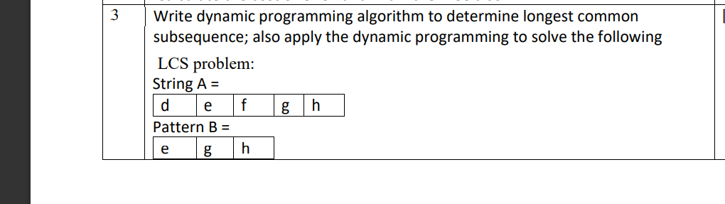 3
Write dynamic programming algorithm to determine longest common
subsequence; also apply the dynamic programming to solve th