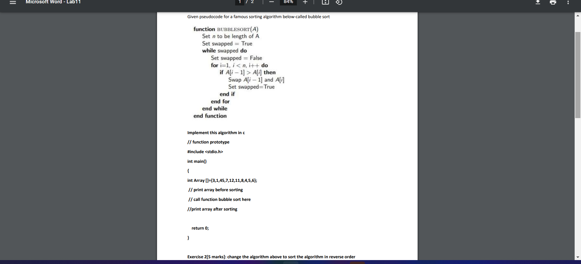 Solved Microsoft Word - Lab11 84% Given pseudocode for a | Chegg.com