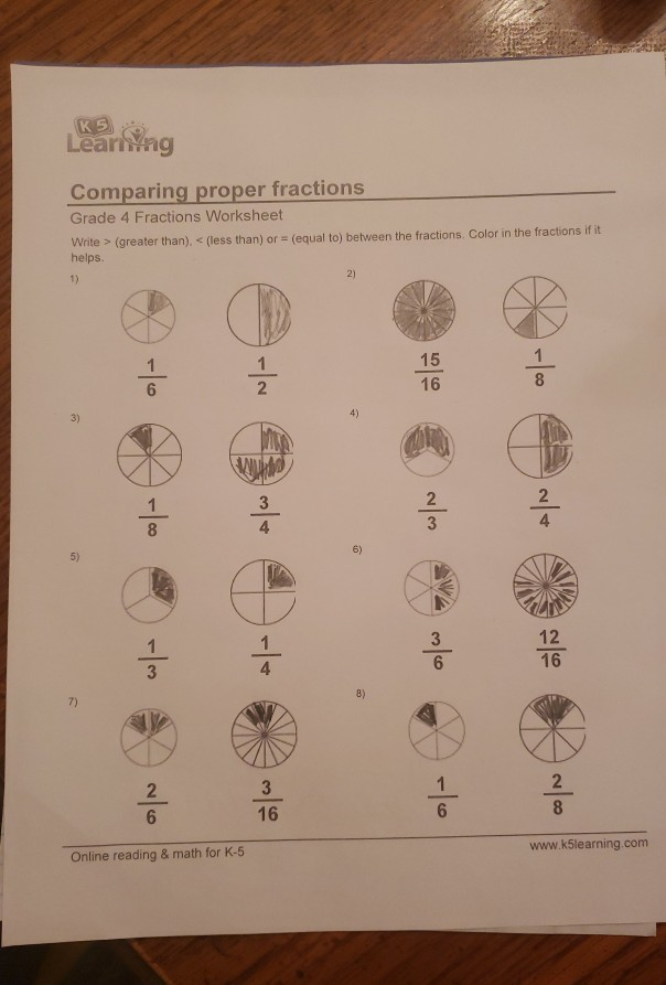 solved k5 learning comparing proper fractions grade 4 chegg com