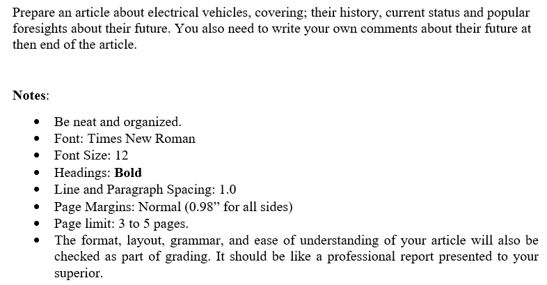 Solved Prepare an article about electrical vehicles, | Chegg.com