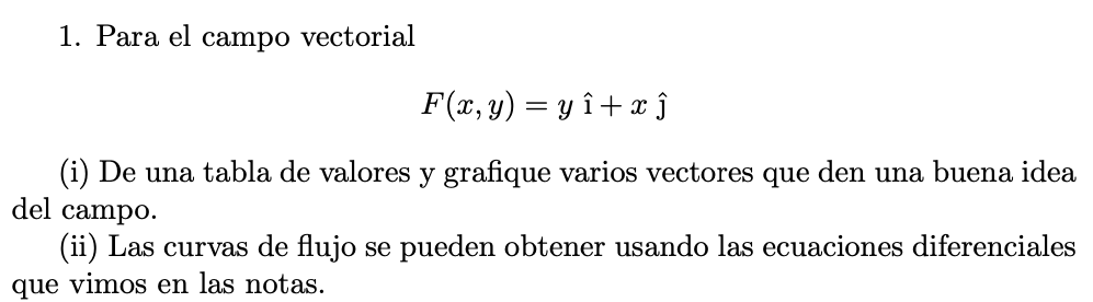 1. Para el campo vectorial F(x, y) = y î+ x ĵ (i) De una tabla de valores y grafique varios vectores que den una buena idea d