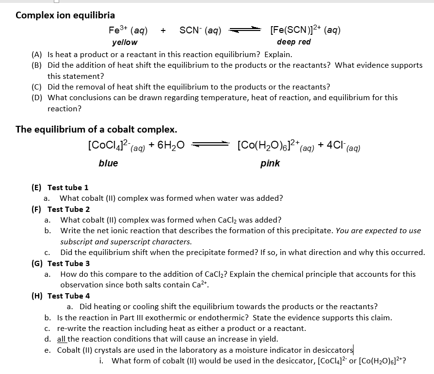 Solved Complex Ion Equilibria Fe3+ (aq) + Scn- (aq) + 