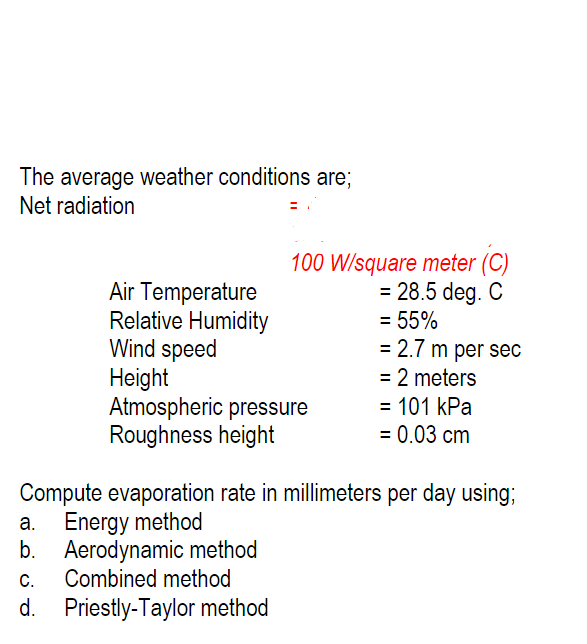 The average weather conditions are; radiation 100 |