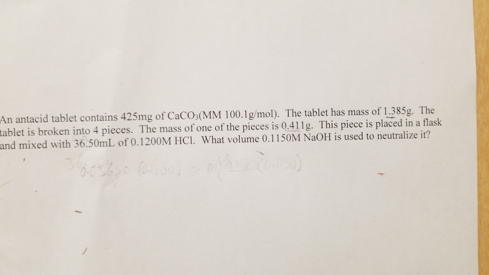 Solved An antacid tablet contains 425mg of CaCO3(MM | Chegg.com