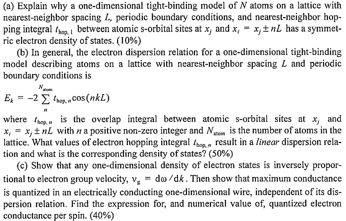 Solved A Explain Why A One Dimensional Tight Binding Model