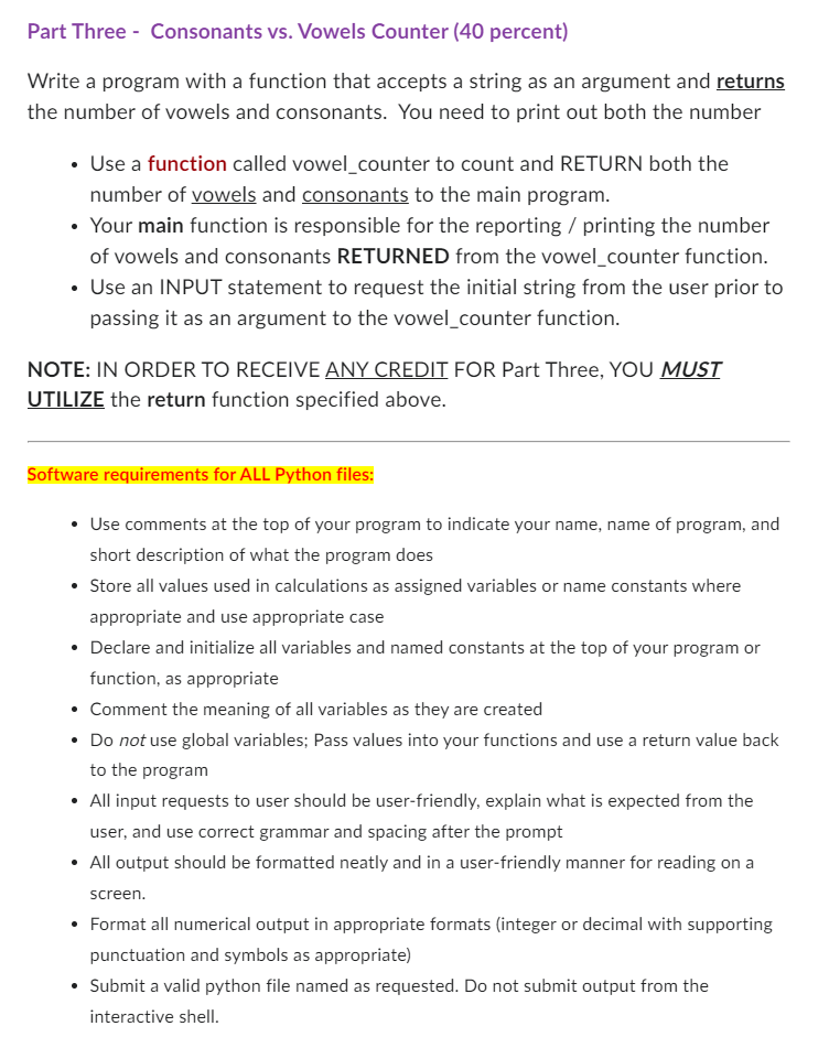 Solved Part Three - Consonants vs. Vowels Counter ( 40 | Chegg.com