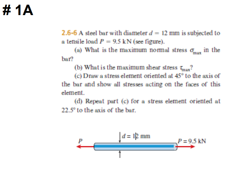 Solved # 1A 2.6-6 A steel bar with diameter d = 12 mm is | Chegg.com