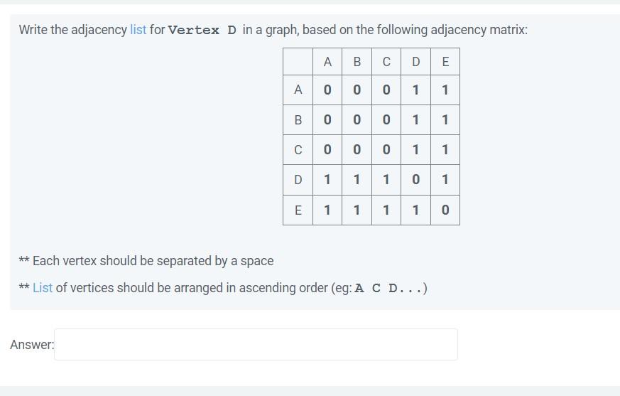 Solved Write the adjacency list for Vertex D in a graph, | Chegg.com