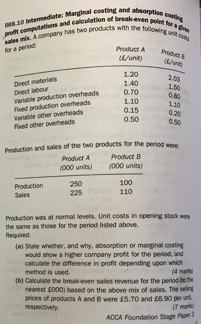 Solved nal costing and absorption lation of breakeven point