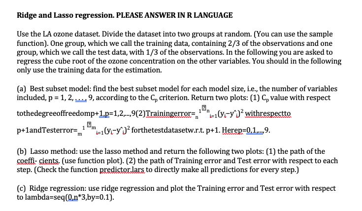 Ridge and Lasso regression. PLEASE ANSWER IN R | Chegg.com