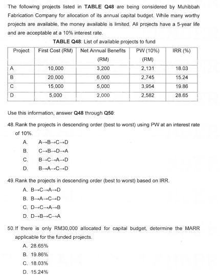 Solved The following projects listed in TABLE Q48 are being | Chegg.com