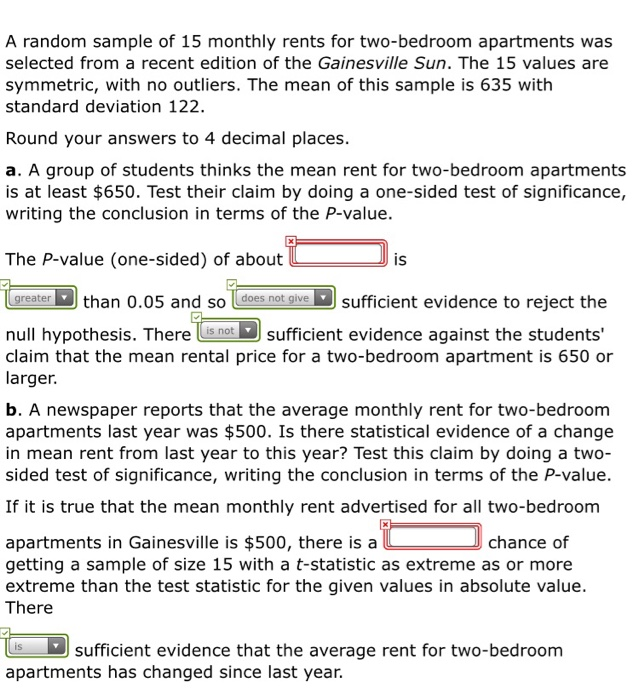Solved A random sample of 15 monthly rents for twobedroom
