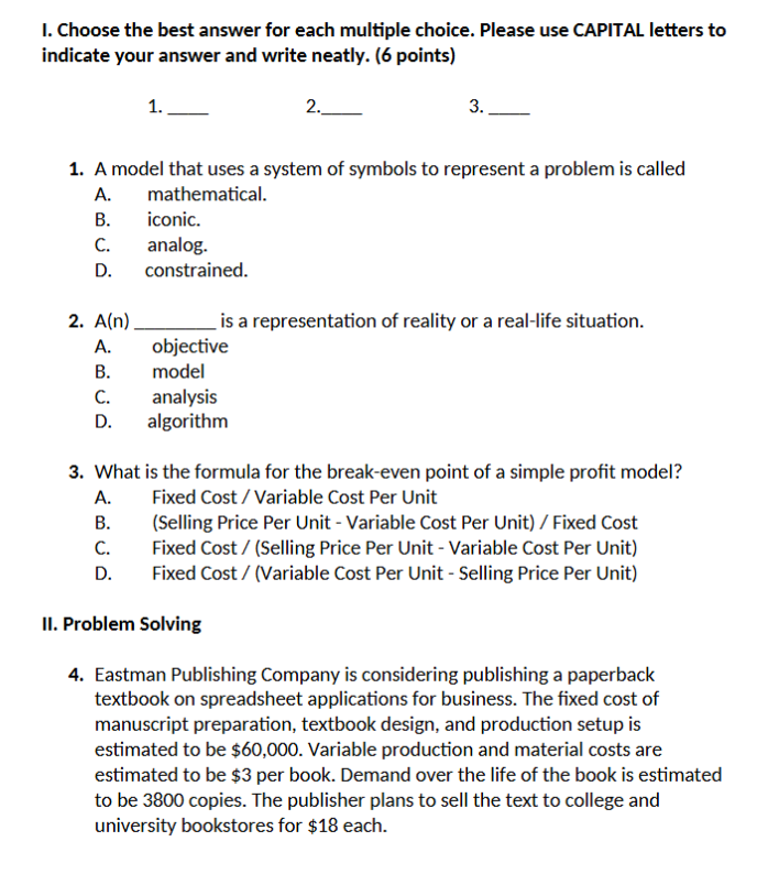 Solved I. Choose the best answer for each multiple choice. | Chegg.com