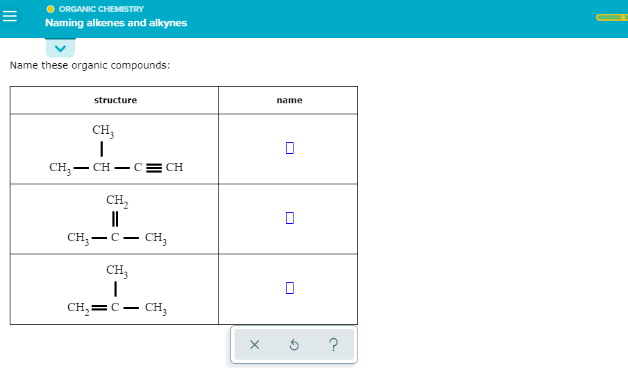 Solved MII ORGANIC CHEMISTRY Naming alkenes and alkynes Name | Chegg.com