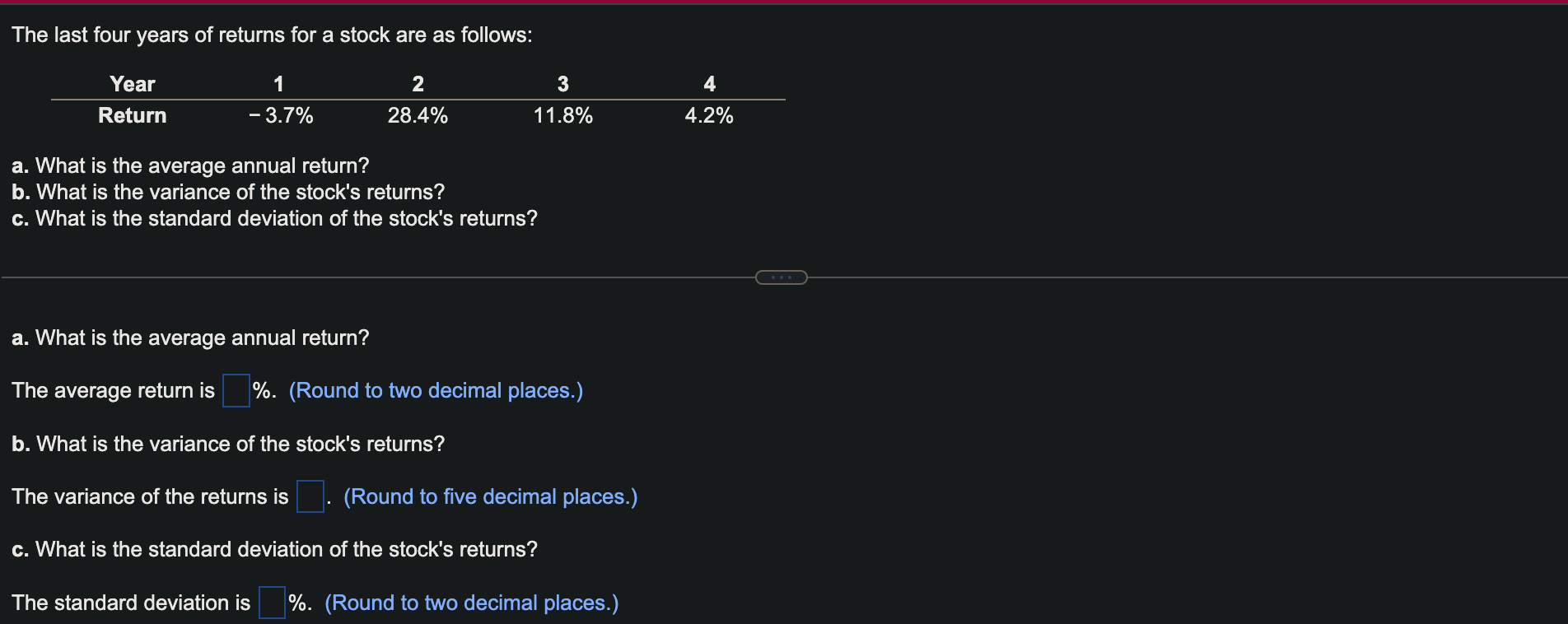 Solved The last four years of returns for a stock are as | Chegg.com