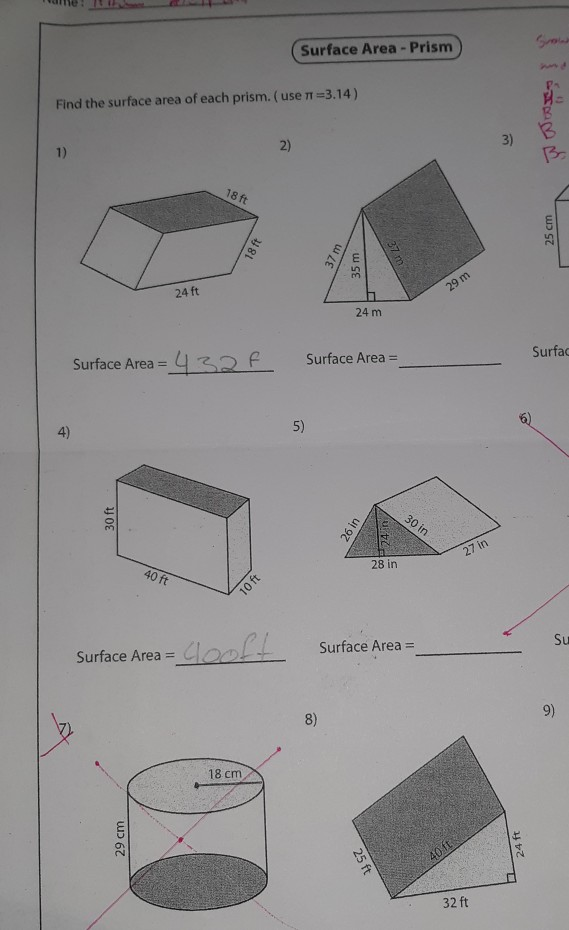 Solved ) ·./o- Surface Area Prism Find the surface area of | Chegg.com