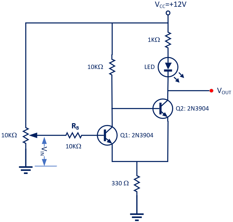 Solved Vcc=+12V 1ΚΩ 10KΩ LED VOUT Q2: 2N3904 RB 10KΩ ww Q1: | Chegg.com