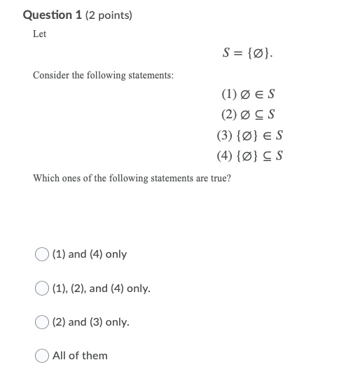 Solved Question 1 (2 points) Let S = {@}. Consider the | Chegg.com