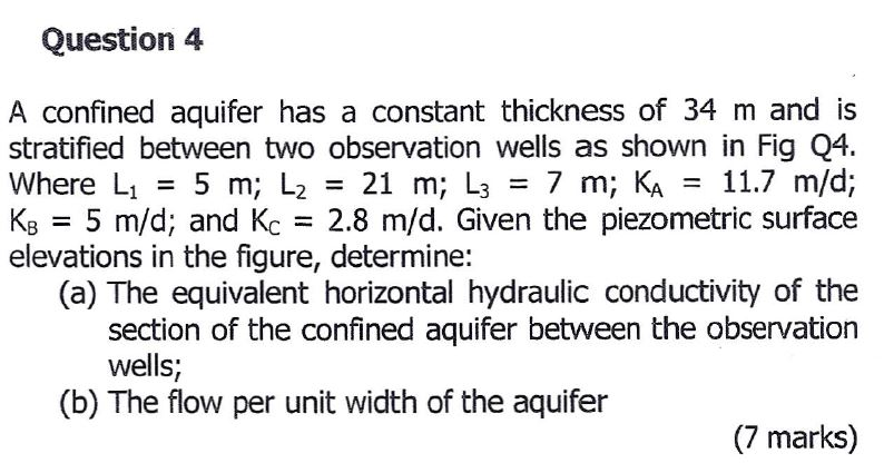 Question 4 A confined aquifer has a constant | Chegg.com