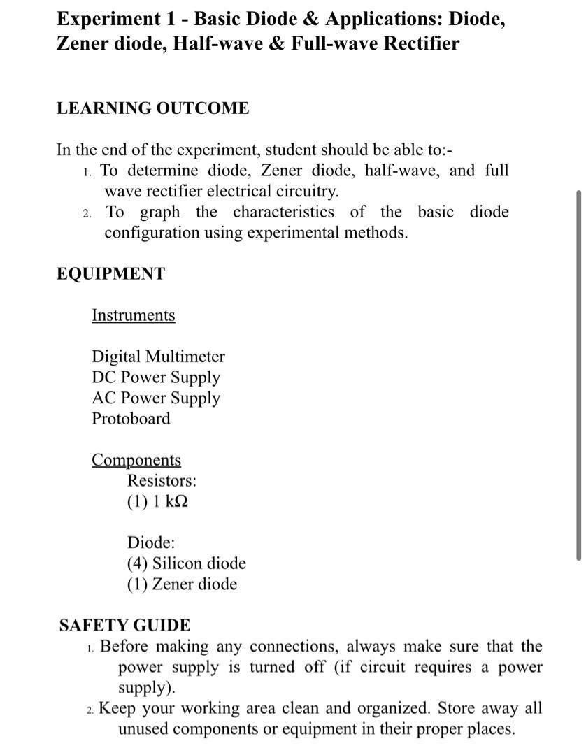 Solved Experiment 1 - Basic Diode & Applications: Diode, | Chegg.com