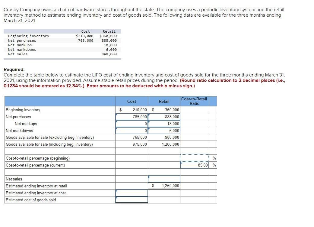 Solved Crosby Company owns a chain of hardware stores