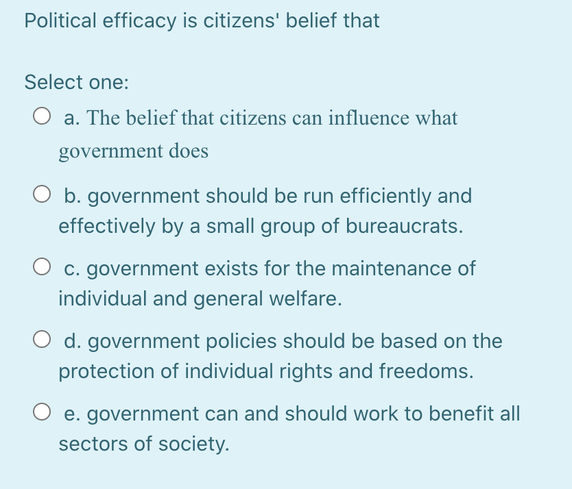 Solved Political efficacy is citizens' belief that Select