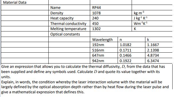Solved n Material Data Name RP44 Density 1078 kg m 3 Heat | Chegg.com