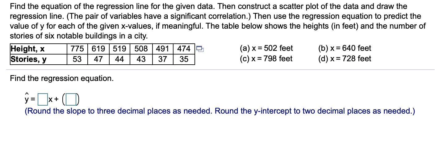 Solved Find the equation of the regression line for the | Chegg.com
