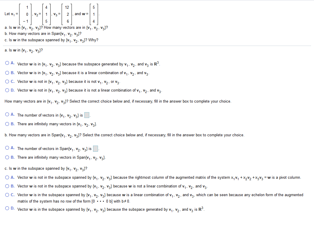 Solved 5 Let v, 1 4 12 0 V2 and w= 1 -1 6 a. Is w in {V1, | Chegg.com