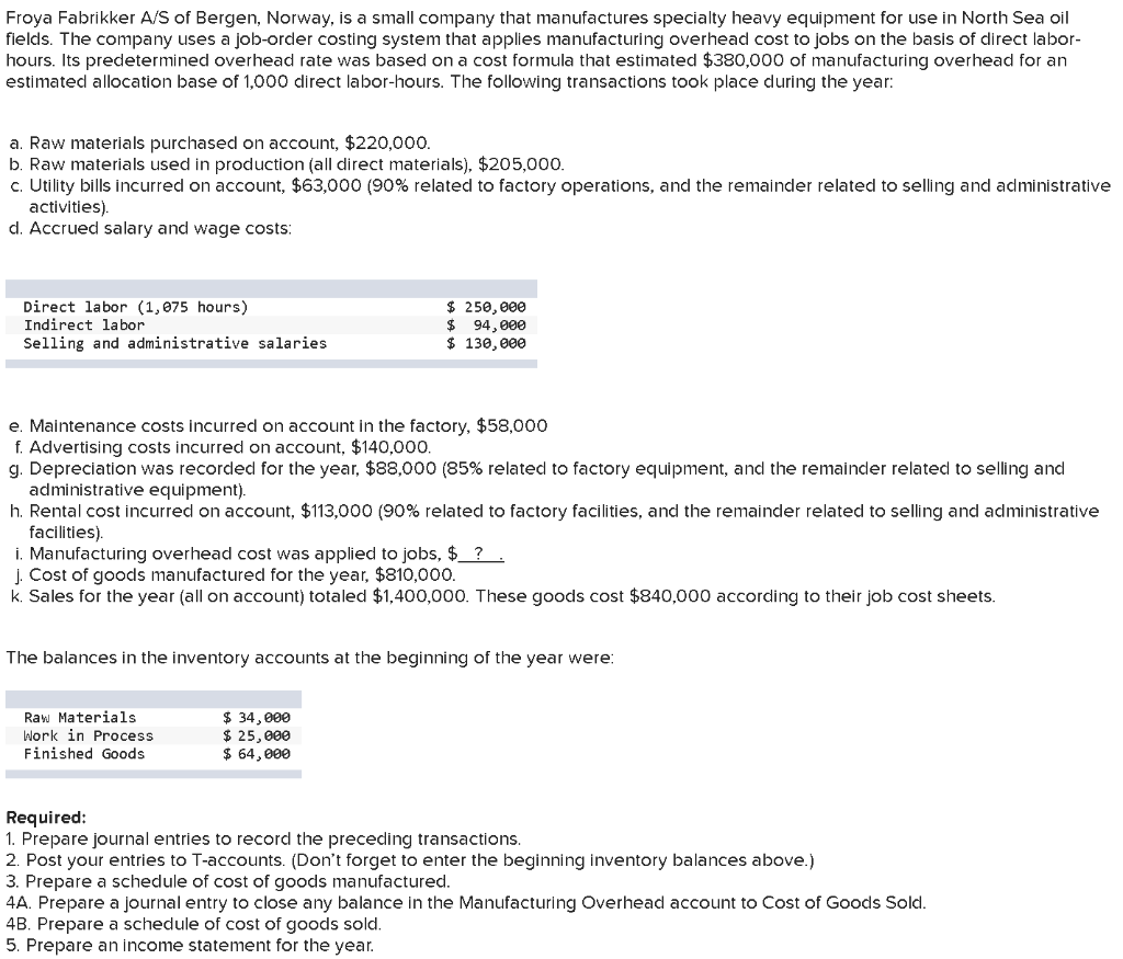 Solved Froya Fabrikker A/S of Bergen, Norway, is a small