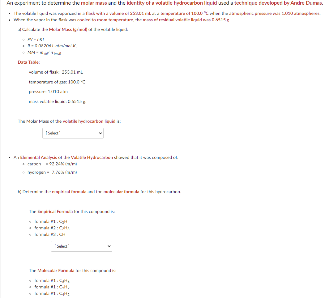 Solved An experiment to determine the molar mass and the | Chegg.com