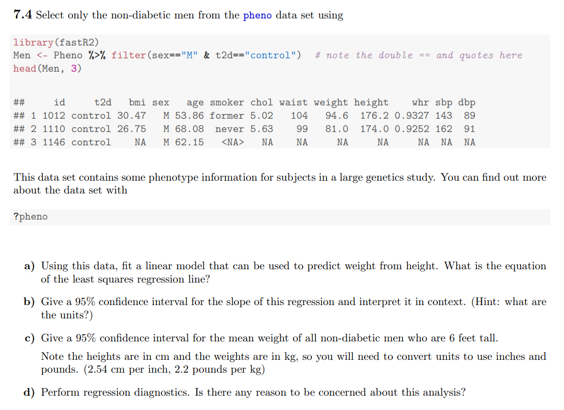 7.4 Select only the non-diabetic men from the pheno | Chegg.com