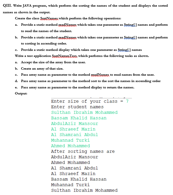 Solved QIII. Write JAVA program, which perform the sorting | Chegg.com