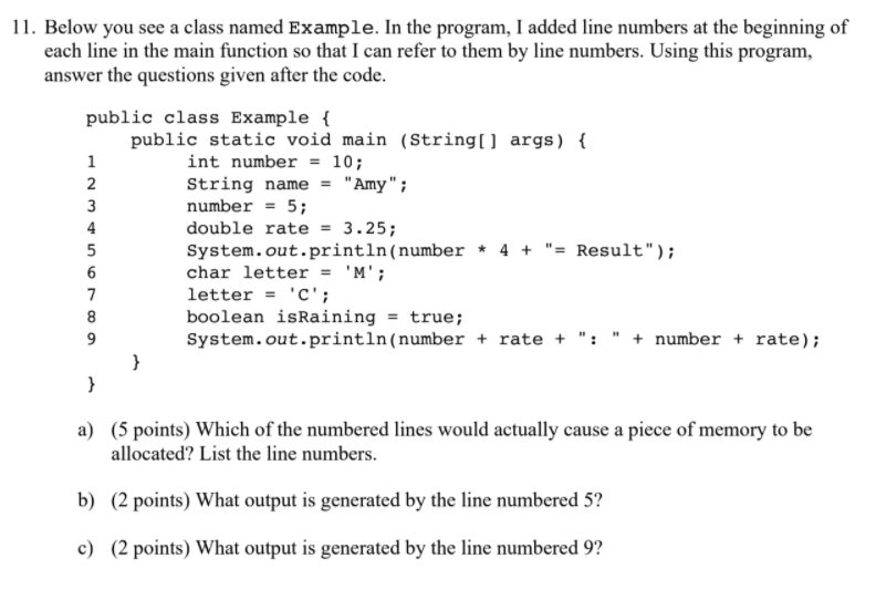 Solved 11. Below you see a class named Example. In the | Chegg.com