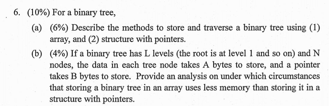 Solved 6. (10%) For a binary tree, (a) (6%) Describe the | Chegg.com