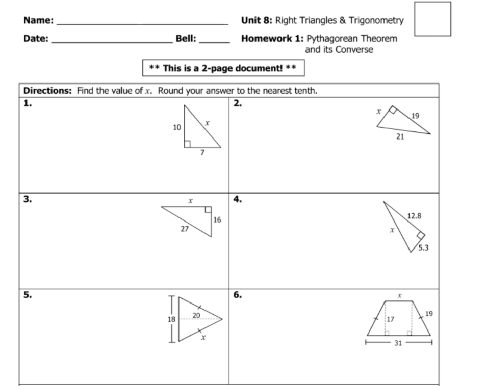 Unit 8 right triangles and trigonometry homework 1 pythagorean theorem 2025 and its converse