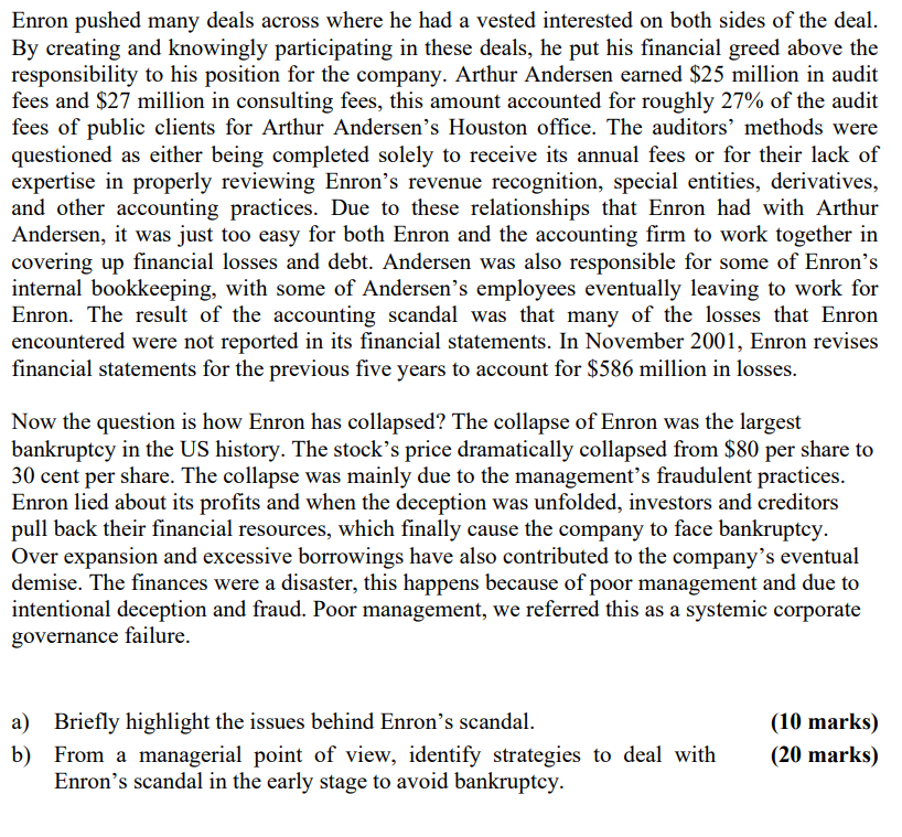 Solved Case Study: The Collapse of Enron Enron Corporation | Chegg.com