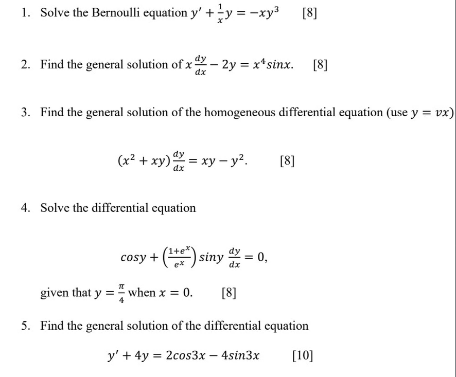 Solved 1. Solve the Bernoulli equation y′+x1y=−xy3 2. Find | Chegg.com